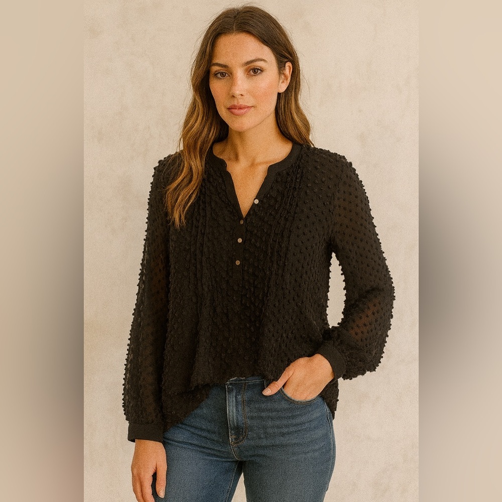 Mango Silk Blouse Swiss Dots Textured Black 3/4 Sleeve Gold Buttons Size…​